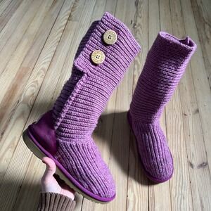 UGG Classic Cardy Kids Size 6 Purple Knit Tall Button Boots winter Sweater Style